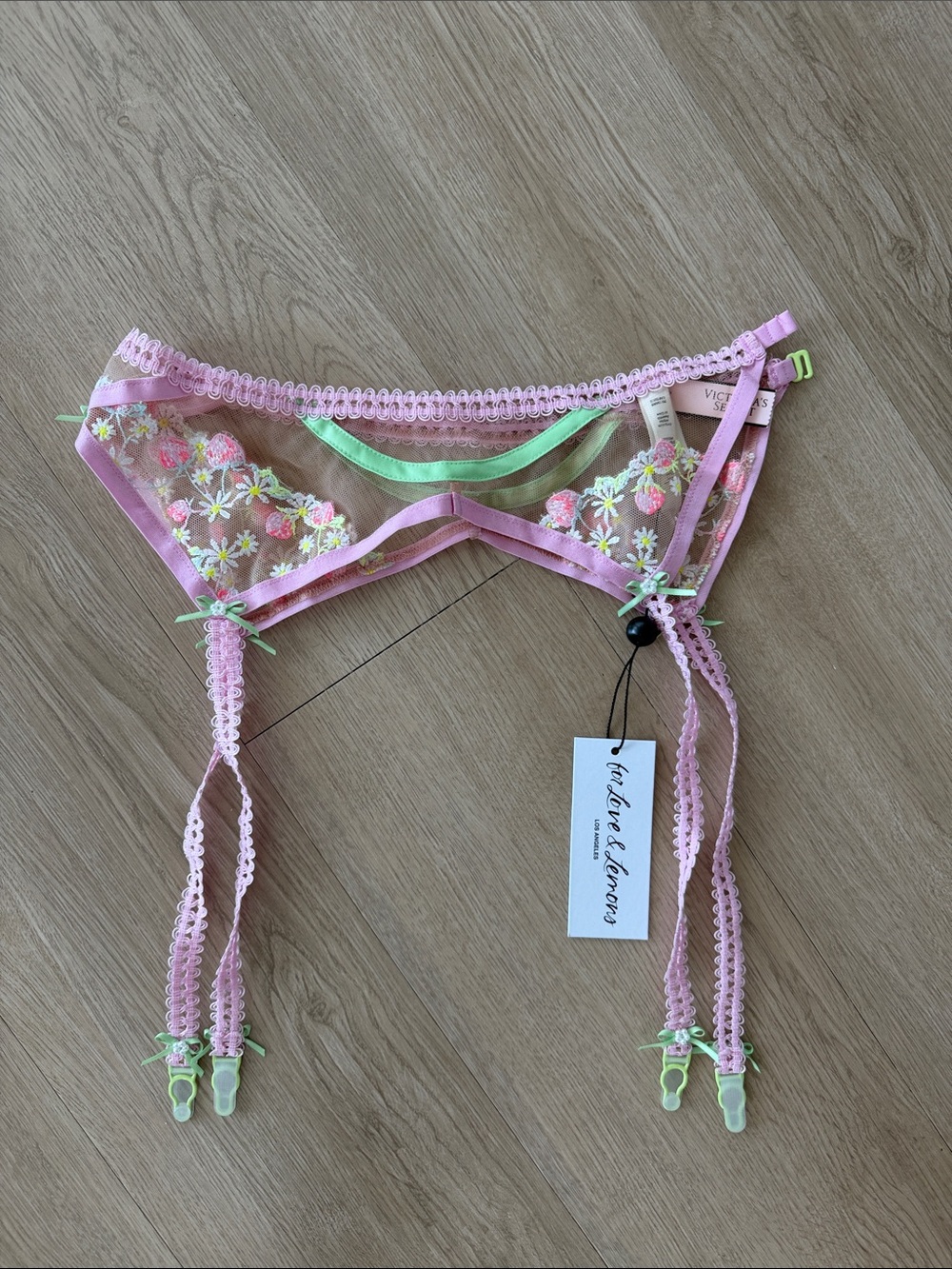 For Love and Lemons Pink & Lime Embroidered Sheer Garter Belt